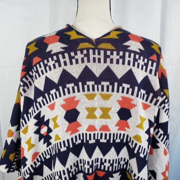 Wild Pearl Aztec Design Open Front Cardigan Lagen Look Blue & Orange Knit Sz M. - Picture 8 of 16